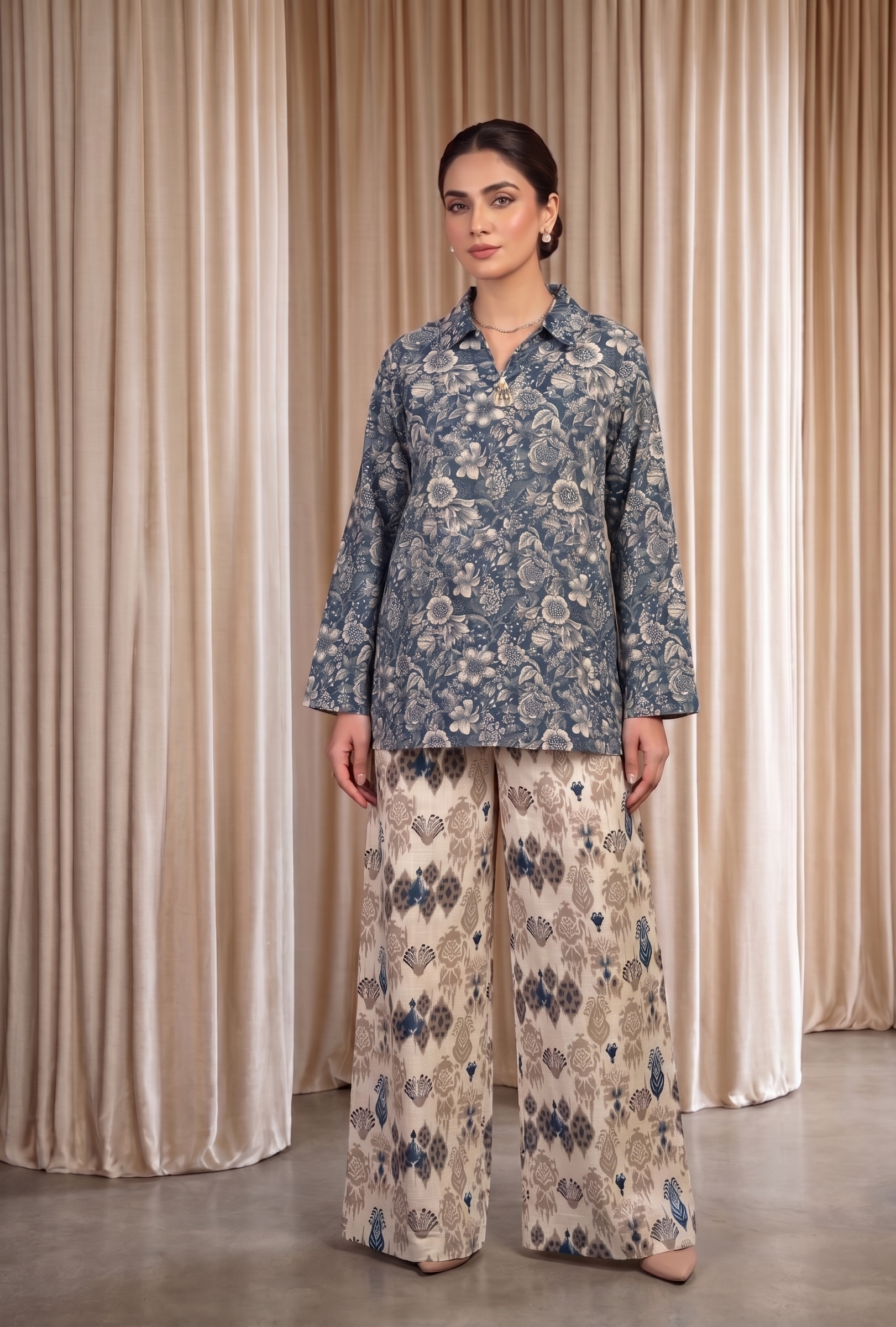 Ink Blue & Pink Floral Lawn Pret Set with Ikat Trouser – Bana Dora Co-Ord (2 Piece)