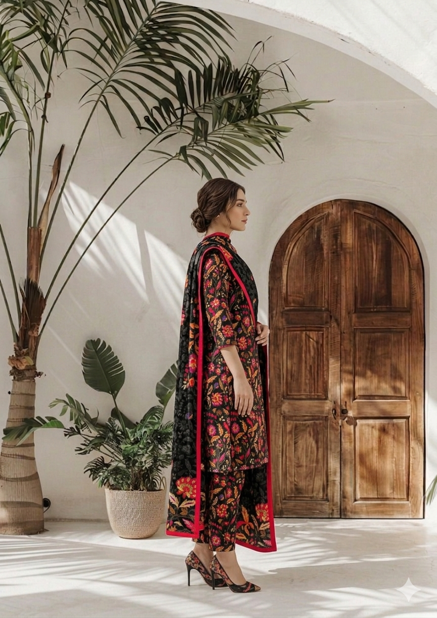 Black Multi Floral Printed 3 PC Unstitched Lawn Suit