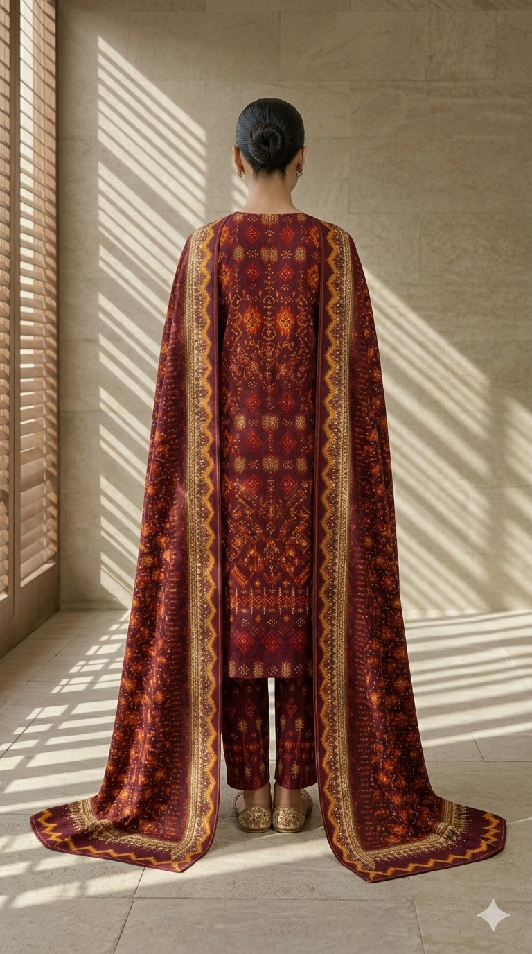 Dark Chocolate Brown Chunri Printed 3 PC Unstitched Lawn Suit