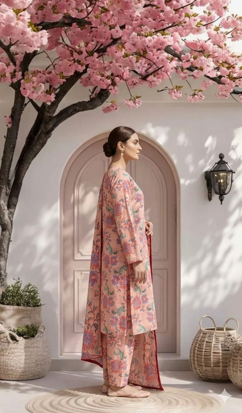 Baby Pink Cross Stitch Floral Printed 3 PC Unstitched Lawn Suit