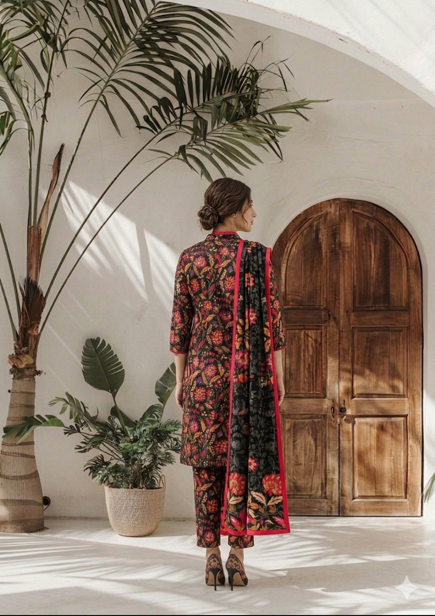 Black Multi Floral Printed 3 PC Unstitched Lawn Suit