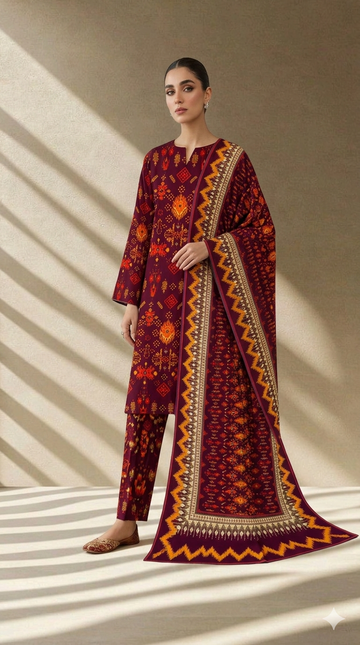 Dark Chocolate Brown Chunri Printed 3 PC Unstitched Lawn Suit