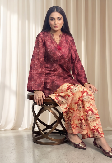 Red Chunri Printed Lawn Pret Set with Tie & Dye Trouser – Bana Dora Co-Ord (2 Piece)