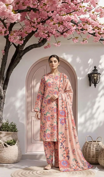 Baby Pink Cross Stitch Floral Printed 3 PC Unstitched Lawn Suit
