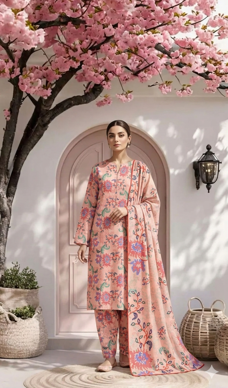 Baby Pink Cross Stitch Floral Printed 3 PC Unstitched Lawn Suit