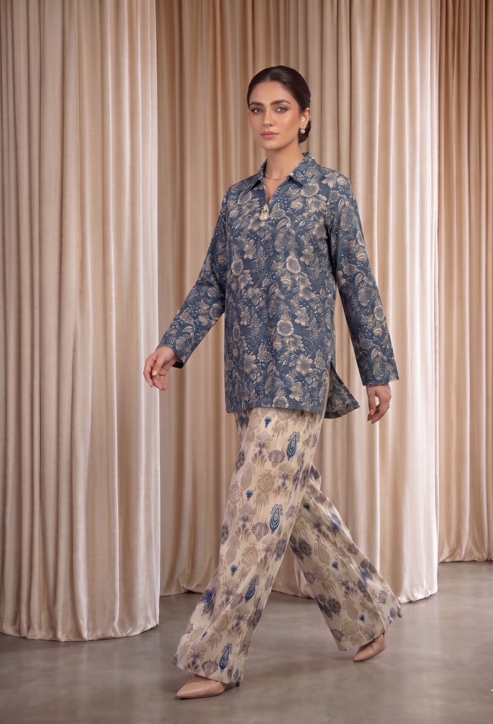 Ink Blue & Pink Floral Lawn Pret Set with Ikat Trouser – Bana Dora Co-Ord (2 Piece)