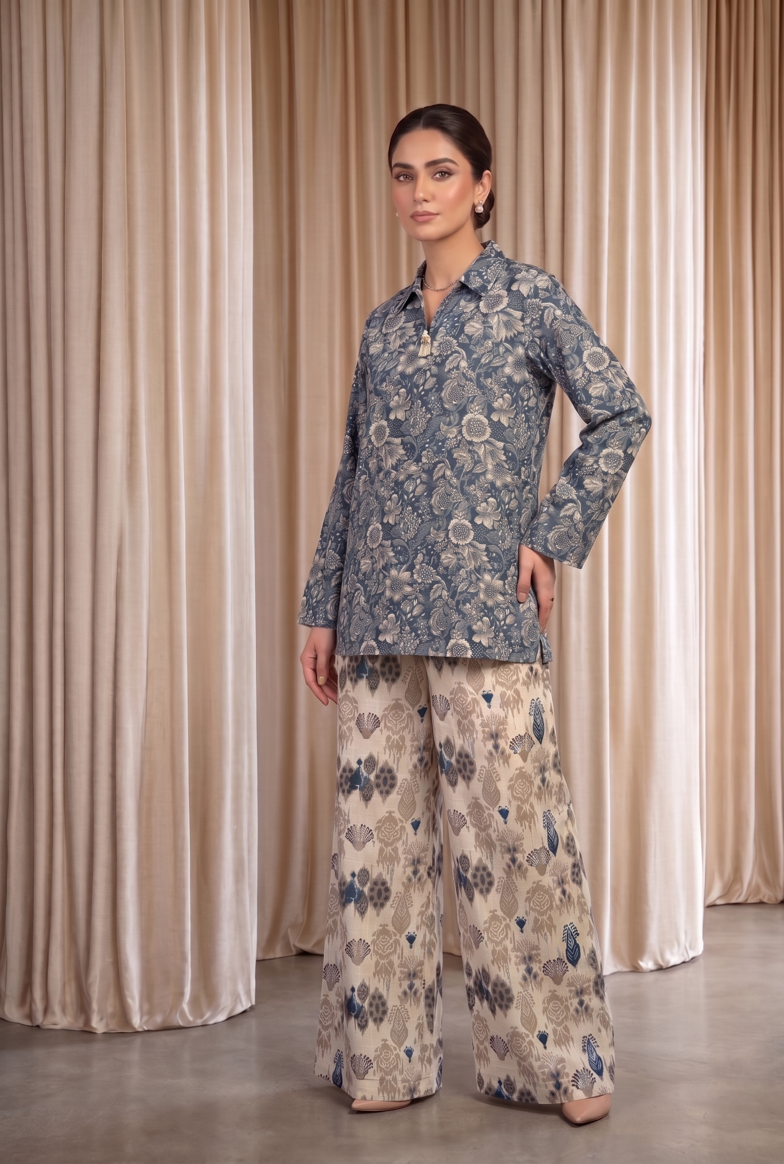 Ink Blue & Pink Floral Lawn Pret Set with Ikat Trouser – Bana Dora Co-Ord (2 Piece)