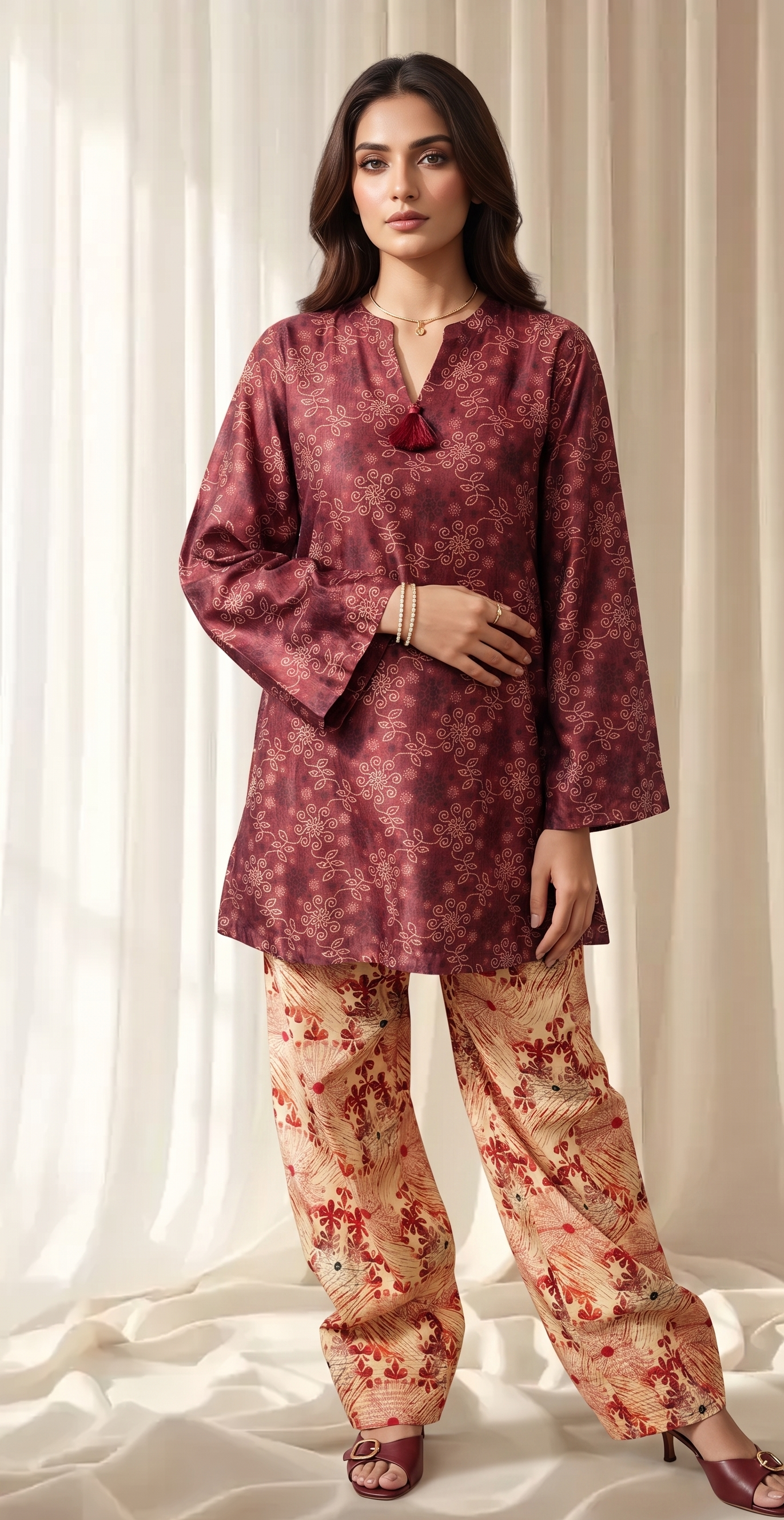 Red Chunri Printed Lawn Pret Set with Tie & Dye Trouser – Bana Dora Co-Ord (2 Piece)