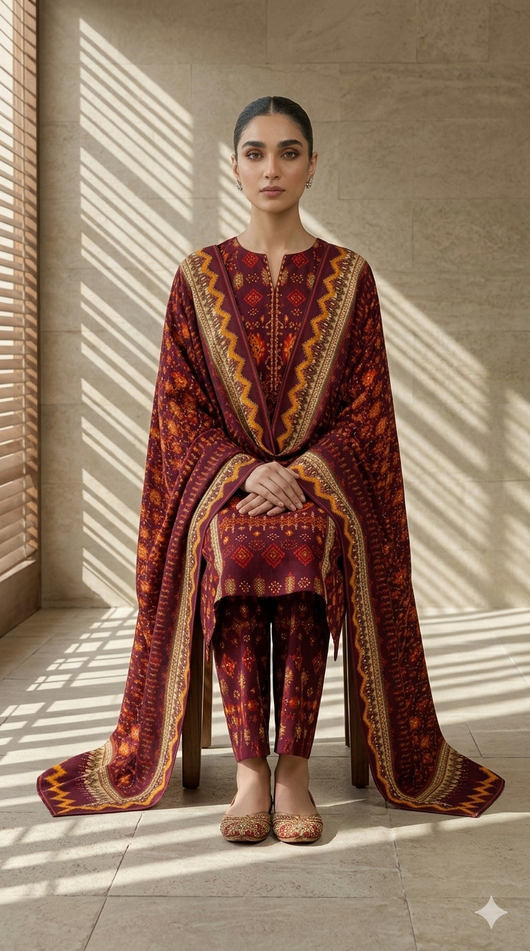 Dark Chocolate Brown Chunri Printed 3 PC Unstitched Lawn Suit