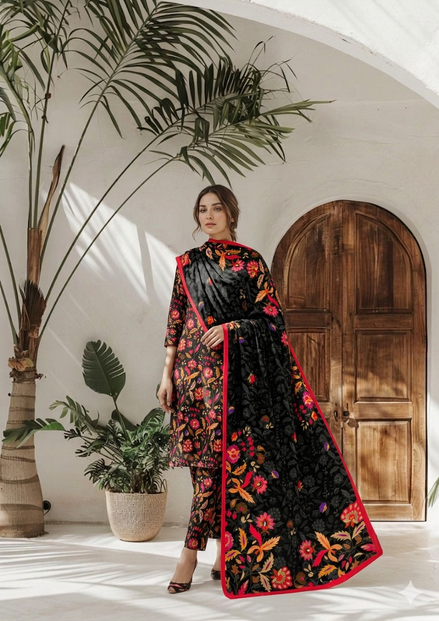 Black Multi Floral Printed 3 PC Unstitched Lawn Suit