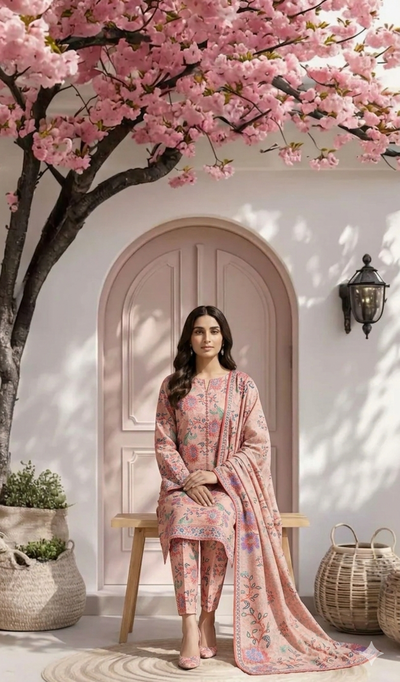 Baby Pink Cross Stitch Floral Printed 3 PC Unstitched Lawn Suit