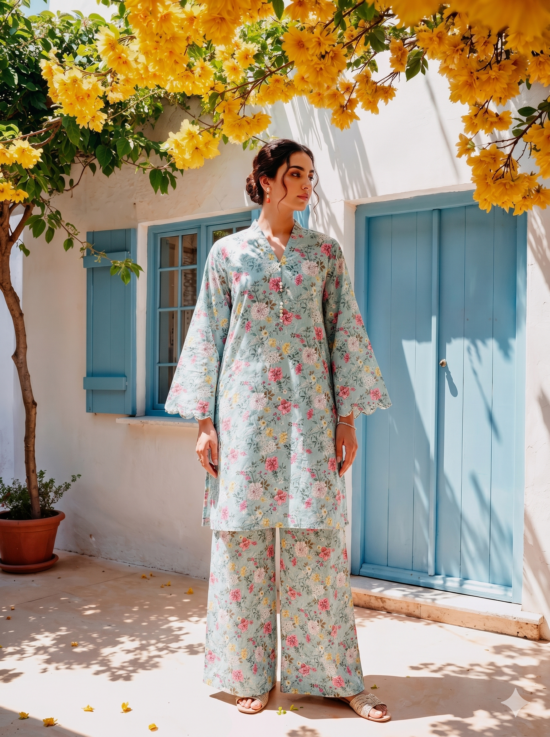 Ice Blue Floral Printed Lawn Pret Set – Bana Dora Co-Ord (2 Piece)