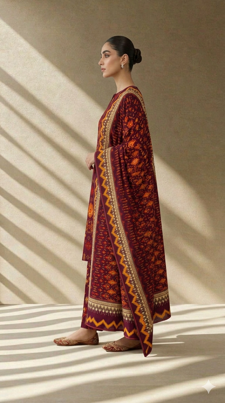 Dark Chocolate Brown Chunri Printed 3 PC Unstitched Lawn Suit