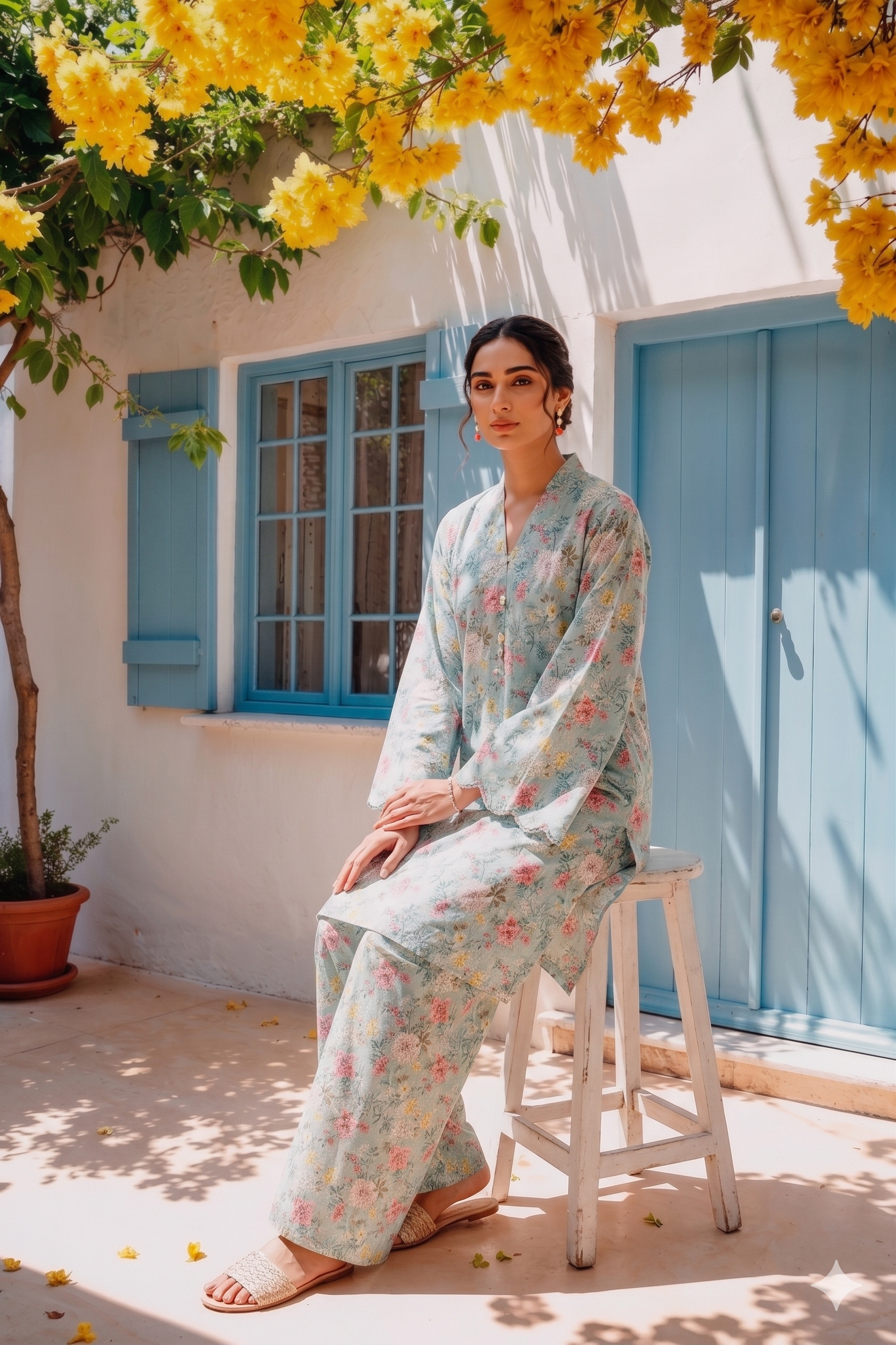 Ice Blue Floral Printed Lawn Pret Set – Bana Dora Co-Ord (2 Piece)
