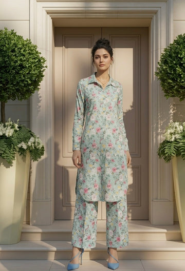 Ice Blue Floral Printed Lawn Pret Set – Bana Dora Co-Ord (2 Piece) Style 2