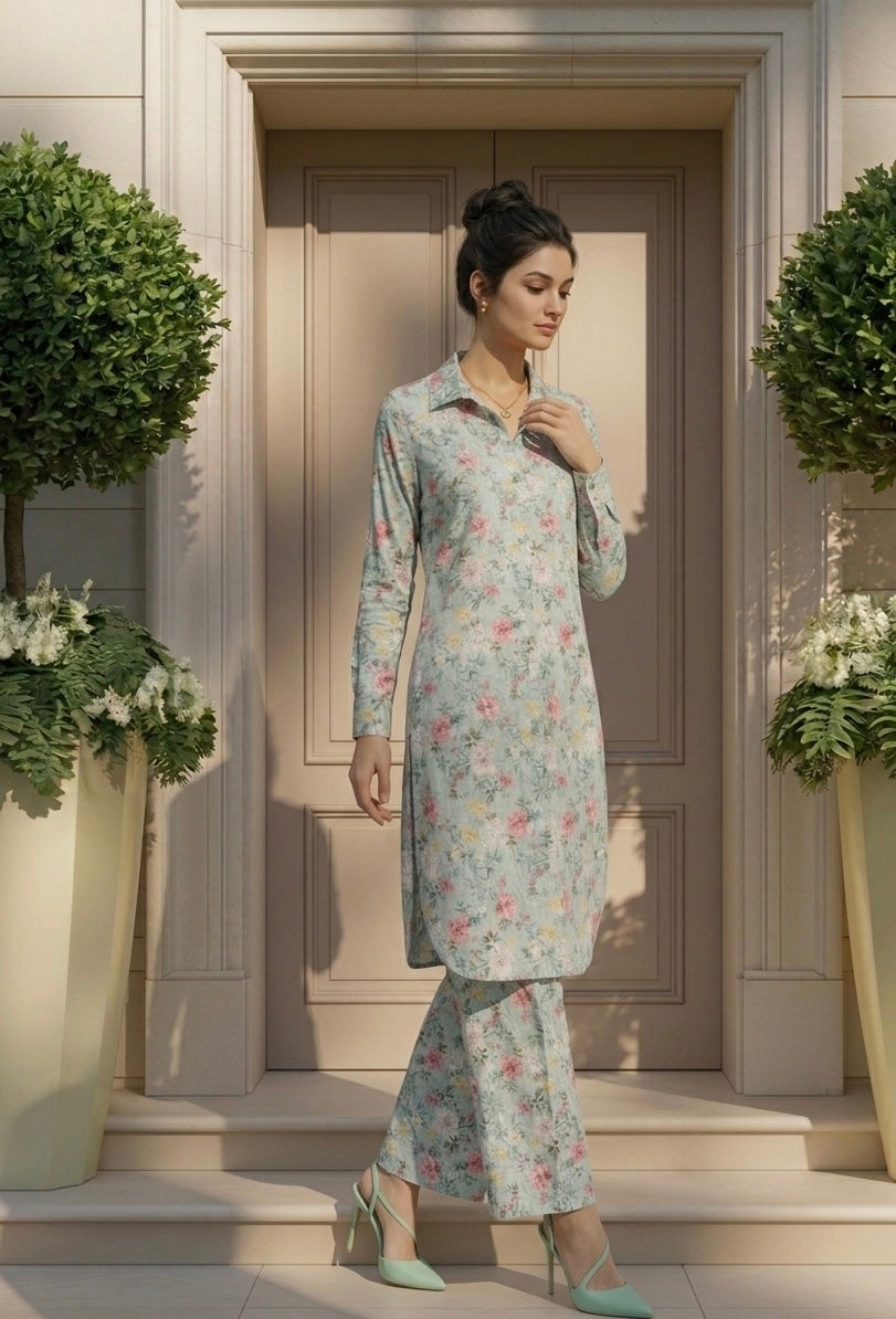Ice Blue Floral Printed Lawn Pret Set – Bana Dora Co-Ord (2 Piece) Style 2