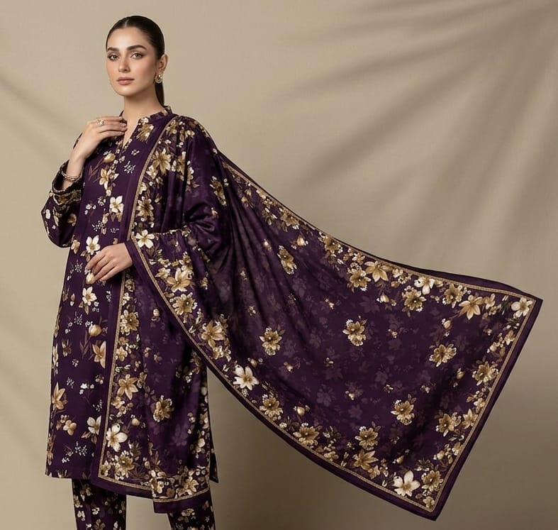 Plum Floral Printed 3 PC Unstitched Lawn Suit