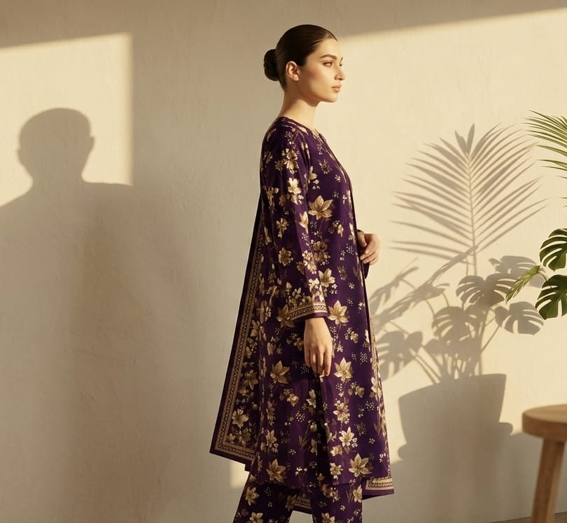 Plum Floral Printed 3 PC Unstitched Lawn Suit