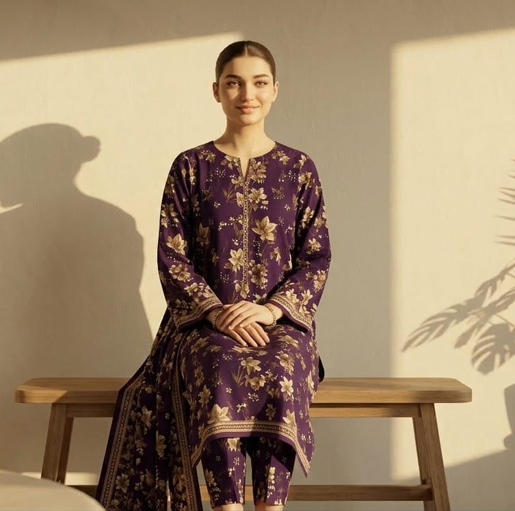Plum Floral Printed 3 PC Unstitched Lawn Suit