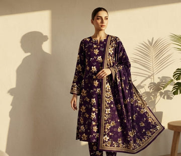 Plum Floral Printed 3 PC Unstitched Lawn Suit