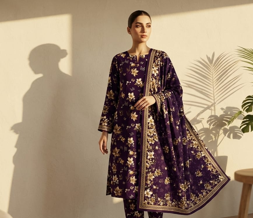 Plum Floral Printed 3 PC Unstitched Lawn Suit