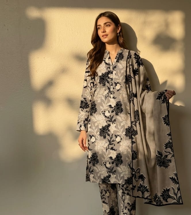 Grey Black Beige Floral Printed 3 PC Unstitched Lawn Suit