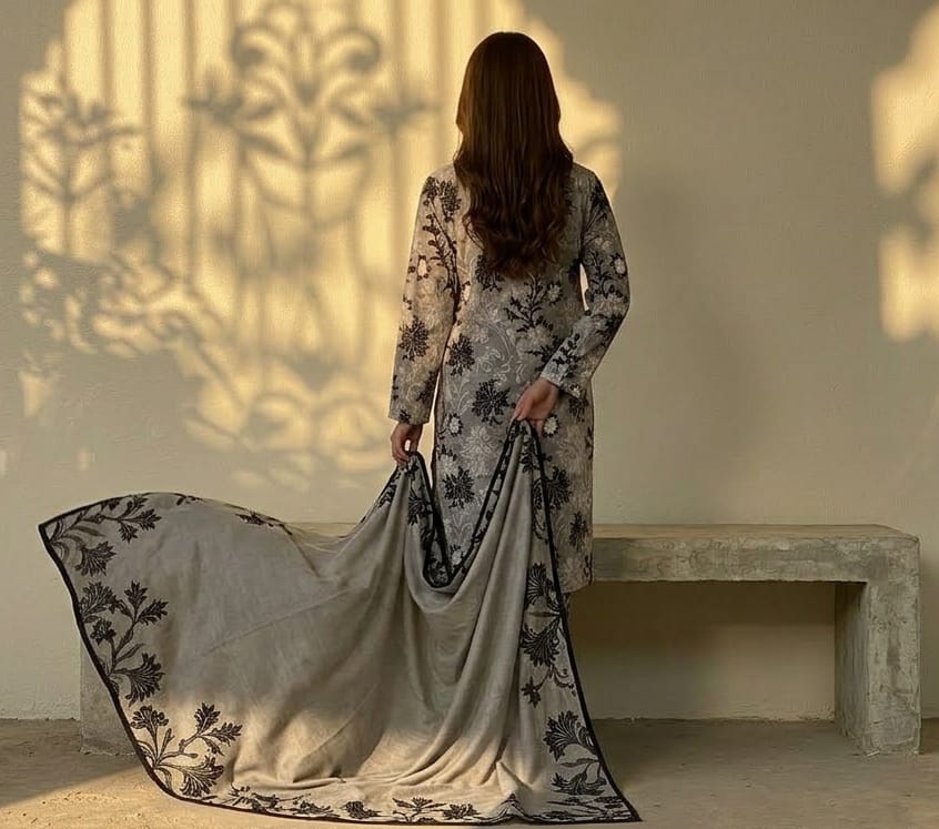Grey Black Beige Floral Printed 3 PC Unstitched Lawn Suit