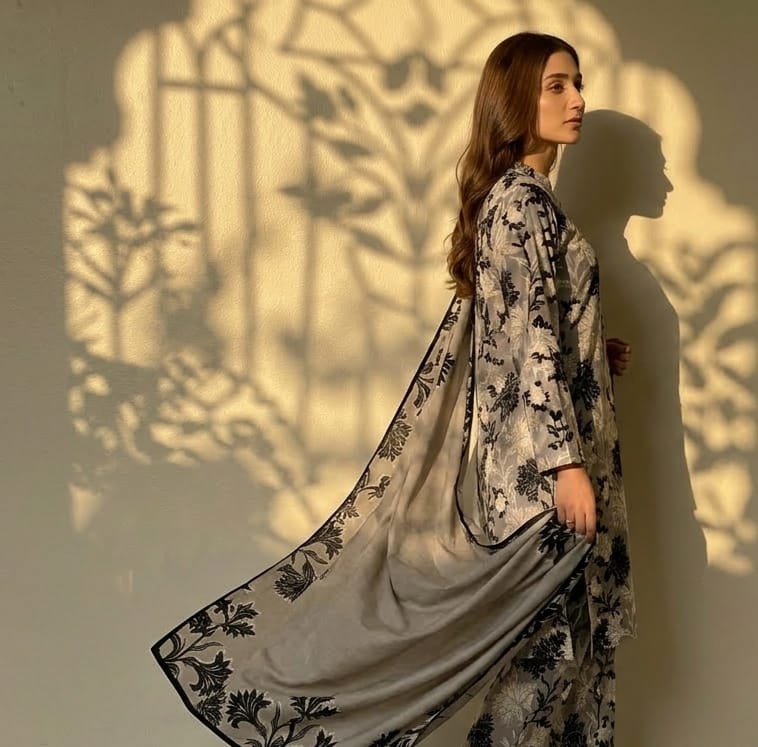 Grey Black Beige Floral Printed 3 PC Unstitched Lawn Suit