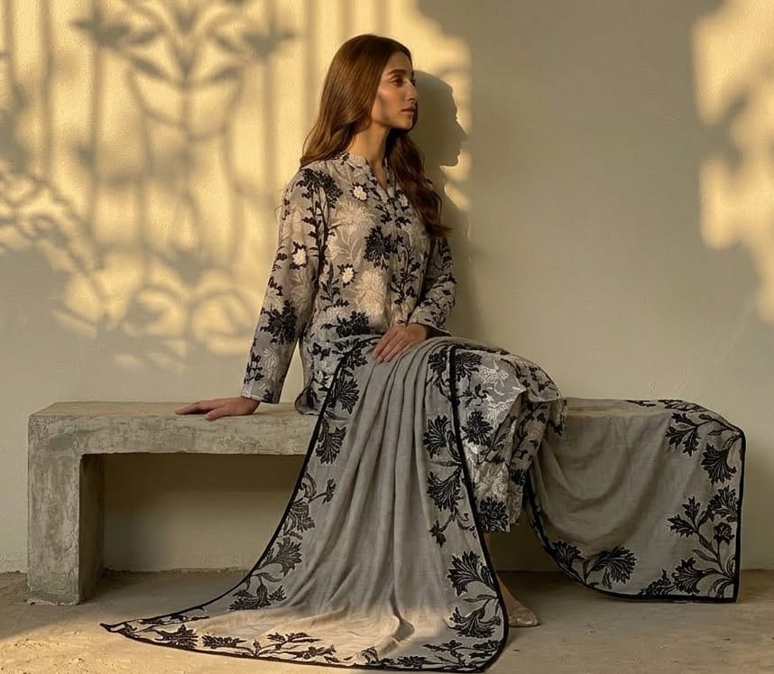 Grey Black Beige Floral Printed 3 PC Unstitched Lawn Suit