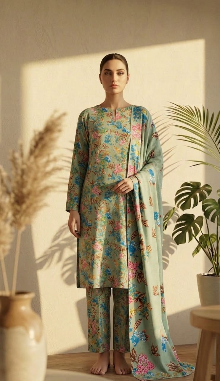 Dusty Mint Green Multi Floral Printed 3 PC Unstitched Lawn Suit