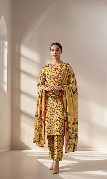 Mango Yellow Leaf Printed 3 PC Unstitched Lawn Suit