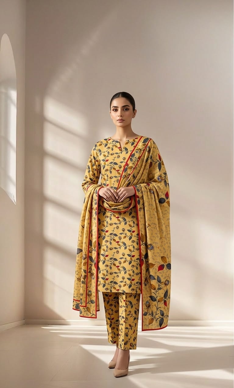 Mango Yellow Leaf Printed 3 PC Unstitched Lawn Suit