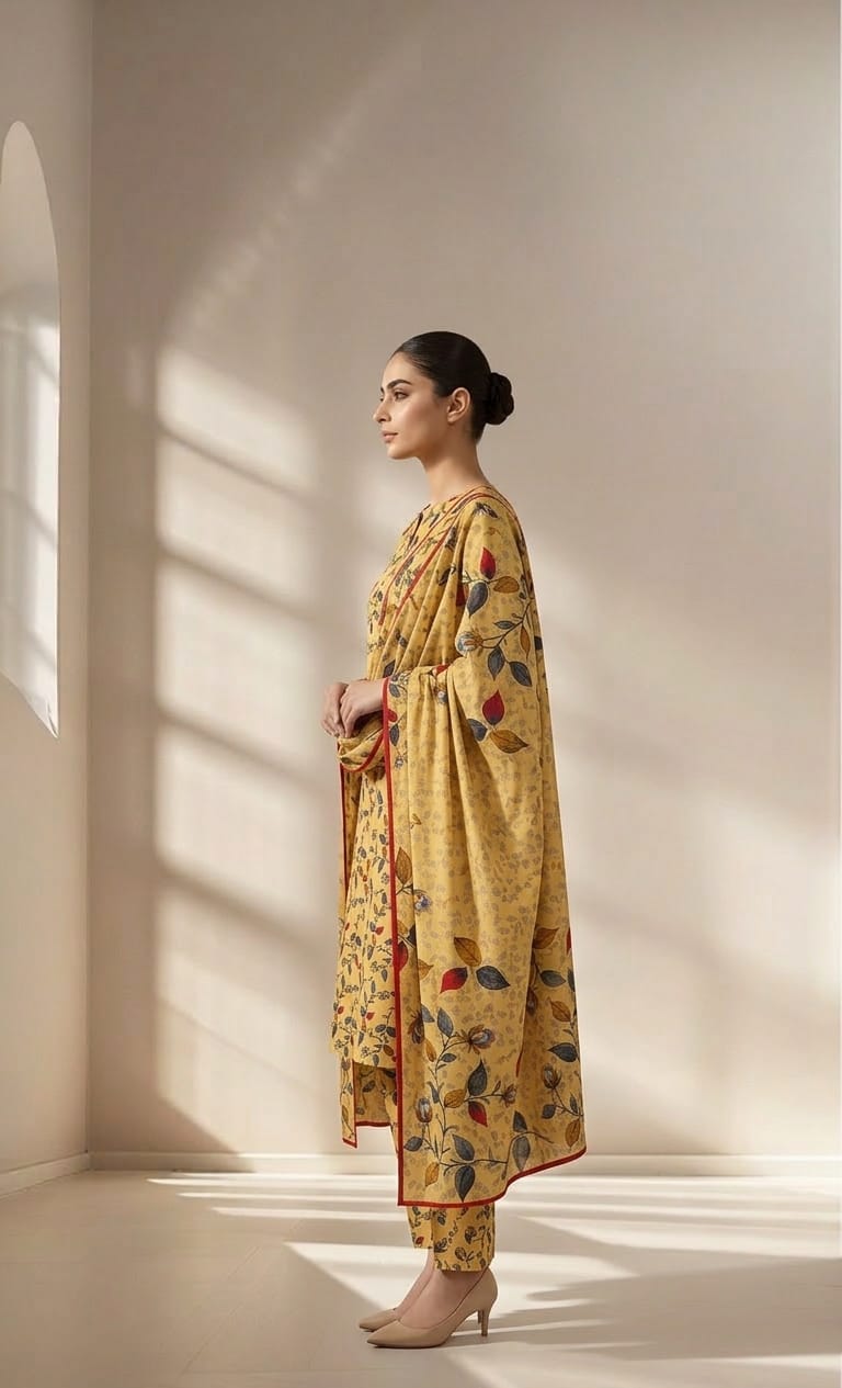 Mango Yellow Leaf Printed 3 PC Unstitched Lawn Suit