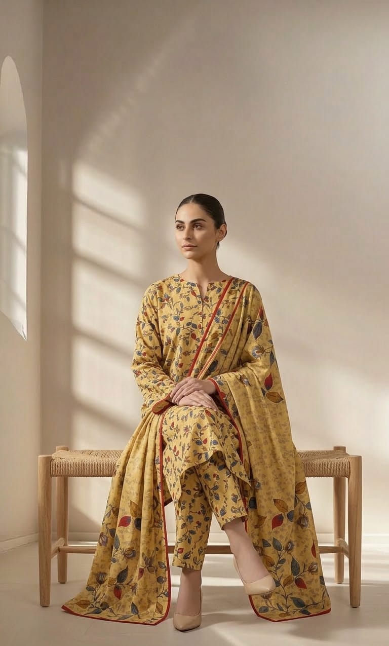 Mango Yellow Leaf Printed 3 PC Unstitched Lawn Suit