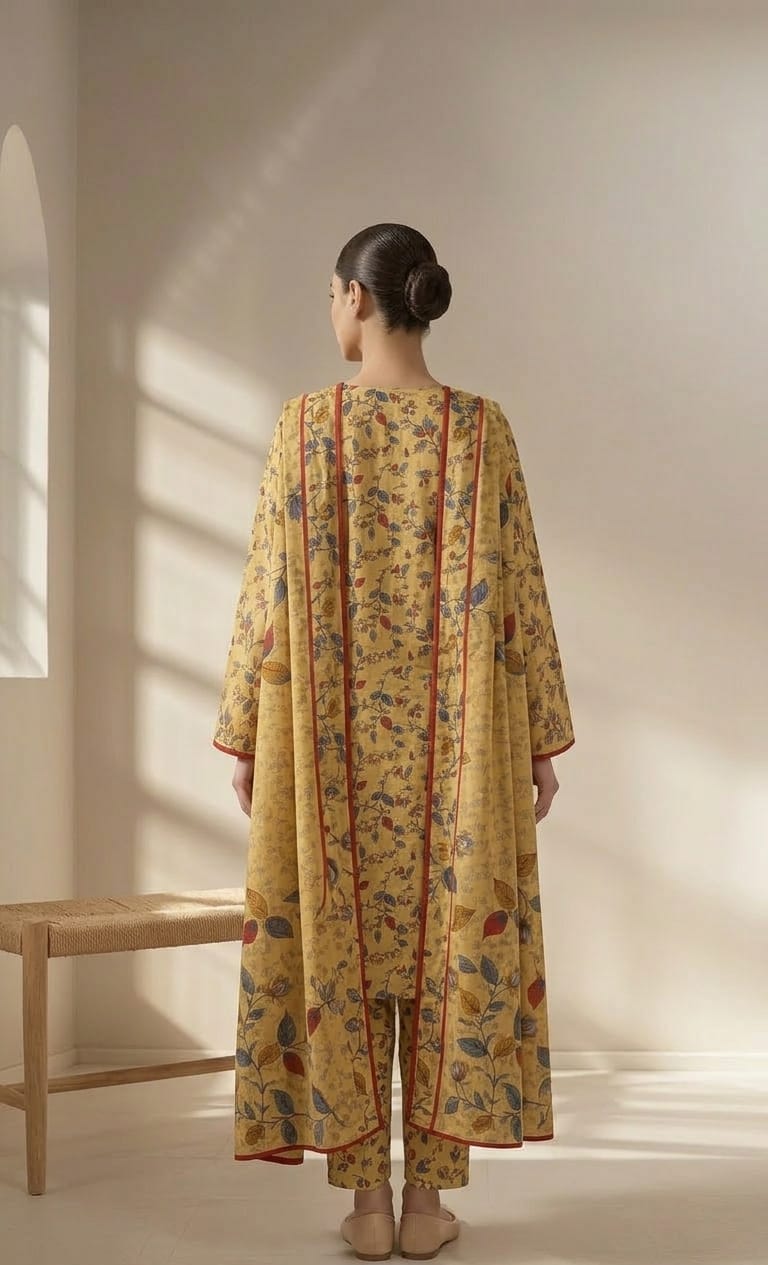 Mango Yellow Leaf Printed 3 PC Unstitched Lawn Suit
