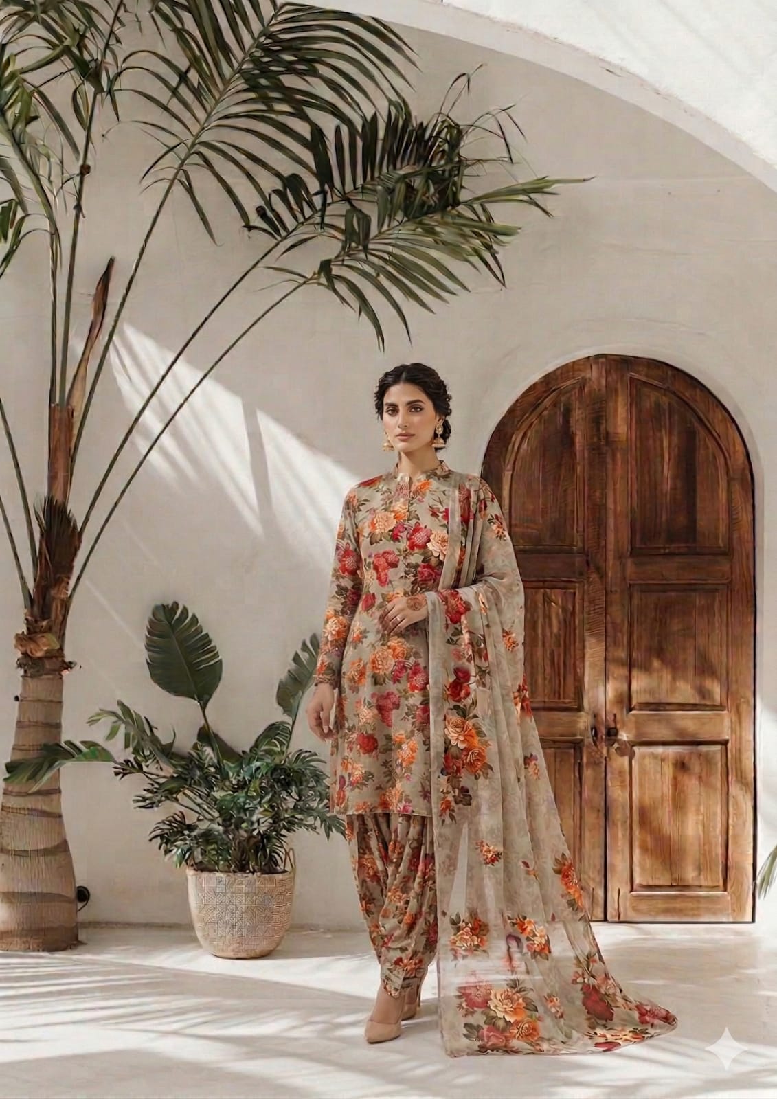 Beige Multi Floral Printed 3 PC Unstitched Lawn Suit