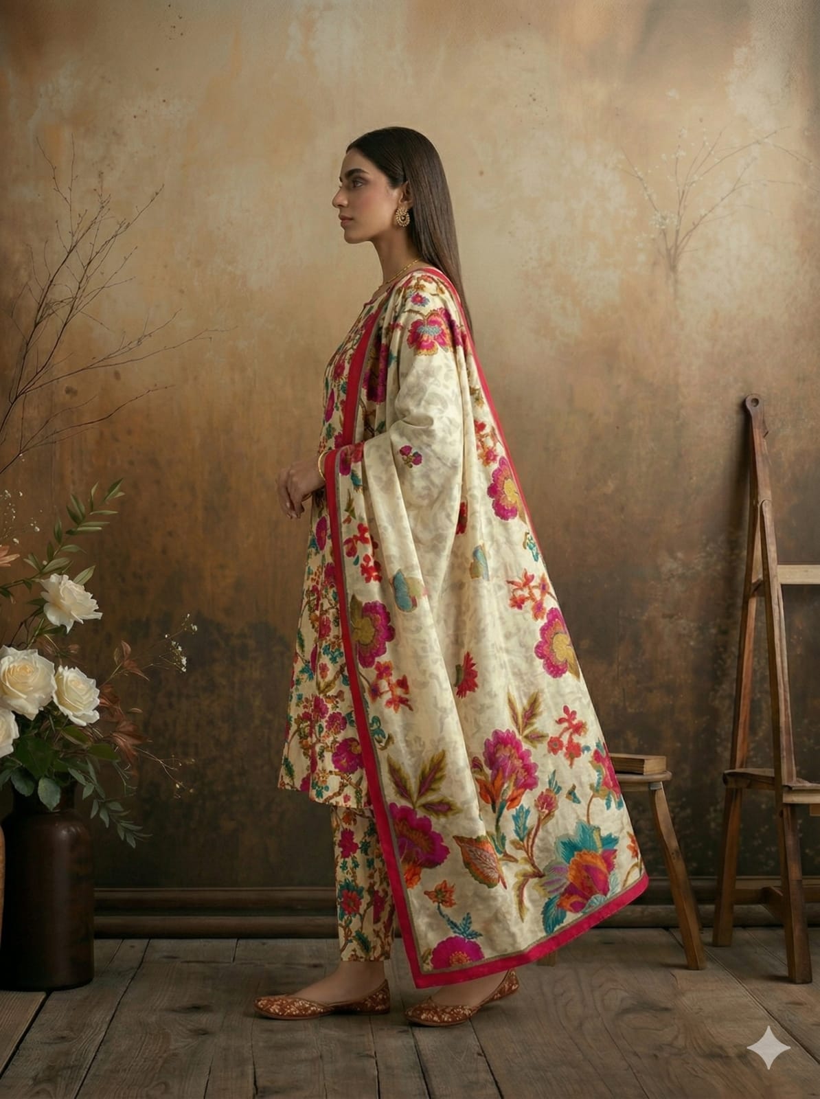 Beige Multi Floral Printed 3 PC Unstitched Lawn Suit