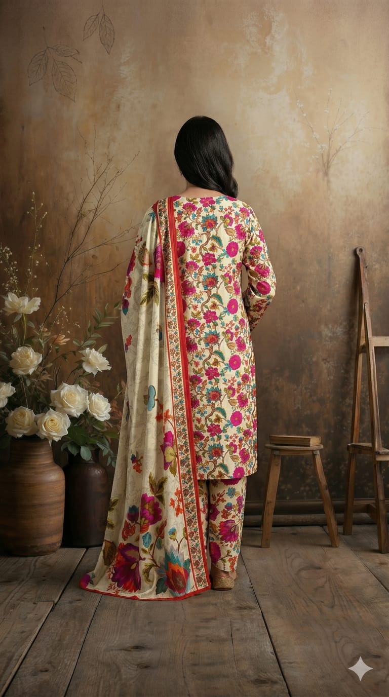 Beige Multi Floral Printed 3 PC Unstitched Lawn Suit
