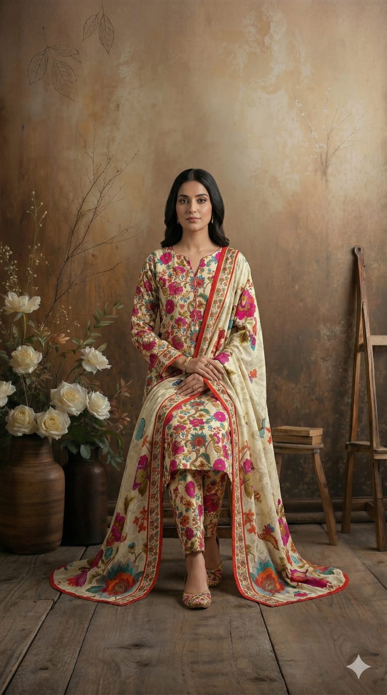Beige Multi Floral Printed 3 PC Unstitched Lawn Suit
