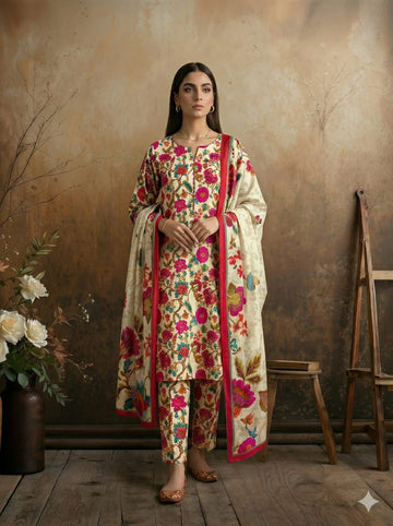 Beige Multi Floral Printed 3 PC Unstitched Lawn Suit