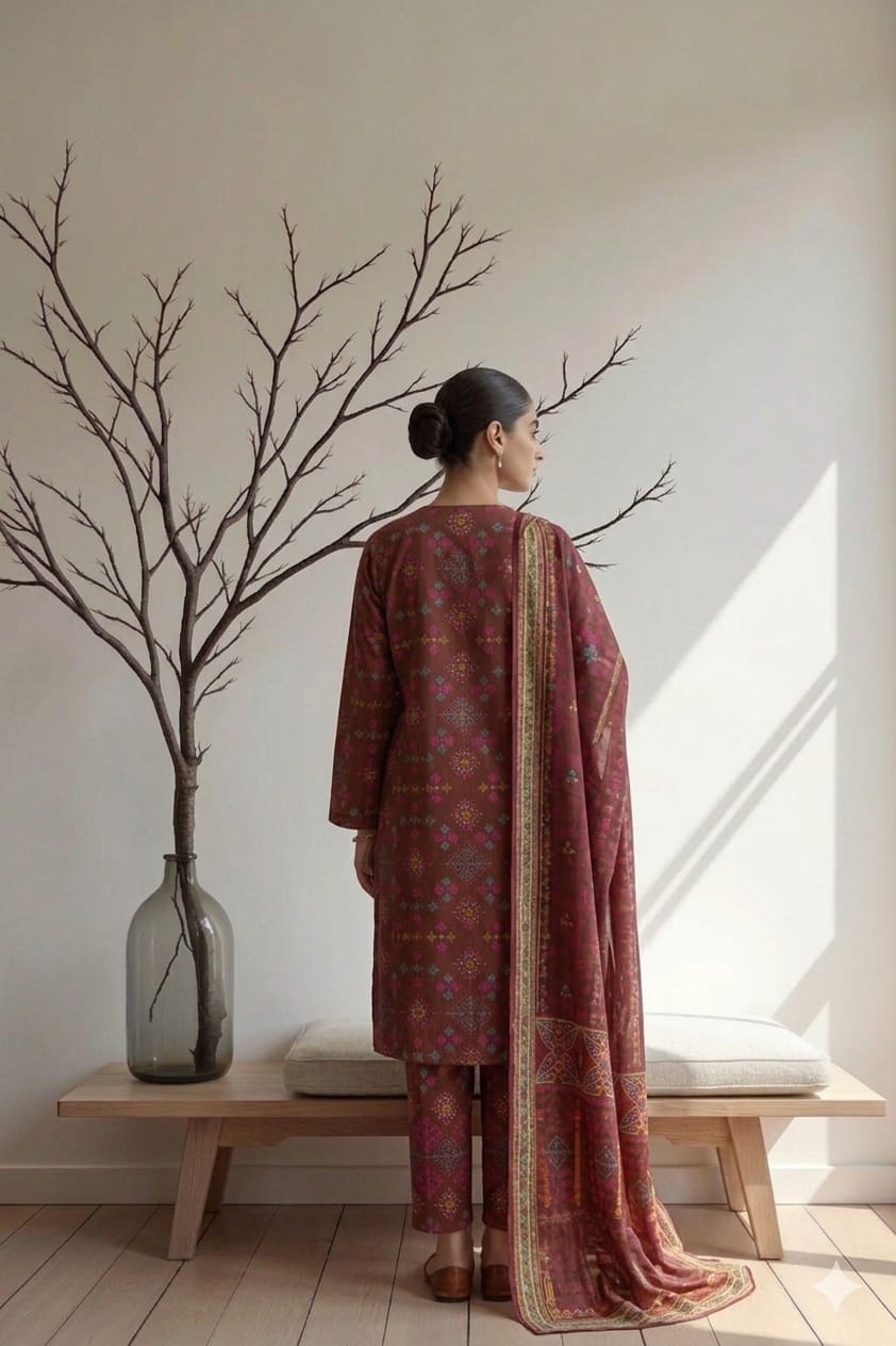 Maroon Multi Geometric Printed 3 PC Unstitched Lawn Suit