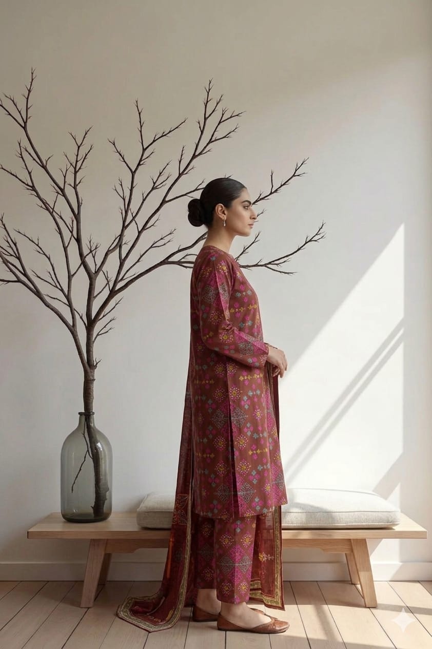 Maroon Multi Geometric Printed 3 PC Unstitched Lawn Suit