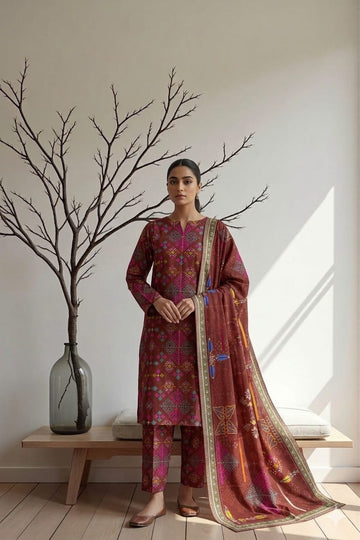 Maroon Multi Geometric Printed 3 PC Unstitched Lawn Suit