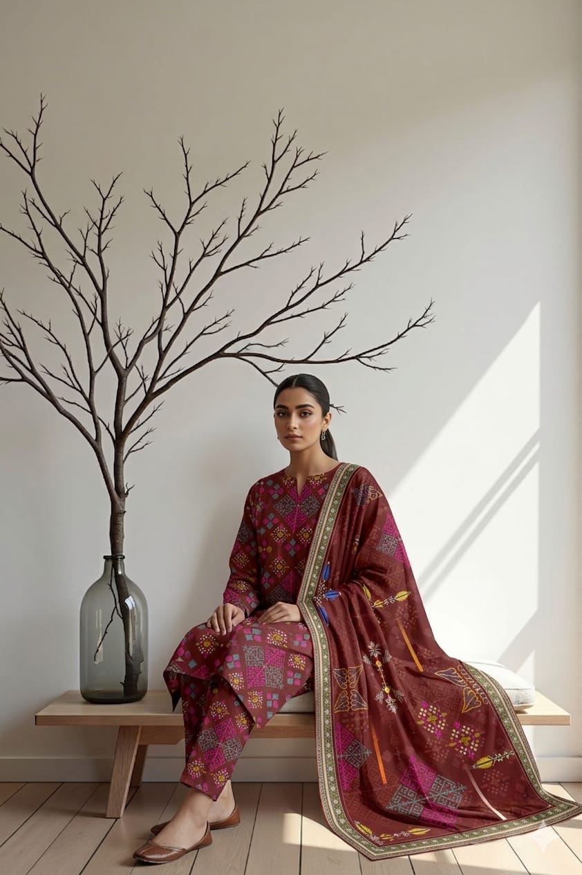 Maroon Multi Geometric Printed 3 PC Unstitched Lawn Suit