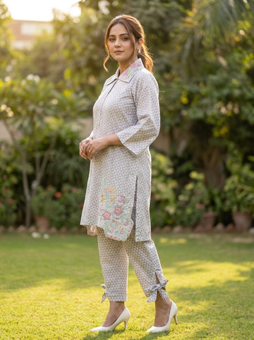 Light Grey Printed Premium Lawn 2-Piece Set with Embroidered Details
