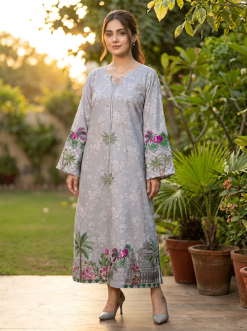 Grey Digital Printed Premium Lawn Kaftan Shirt with Embroidered Details