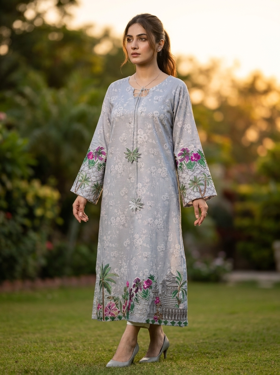 Grey Digital Printed Premium Lawn Kaftan Shirt with Embroidered Details