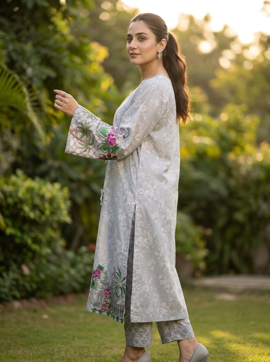 Grey Digital Printed Premium Lawn Kaftan Shirt with Embroidered Details