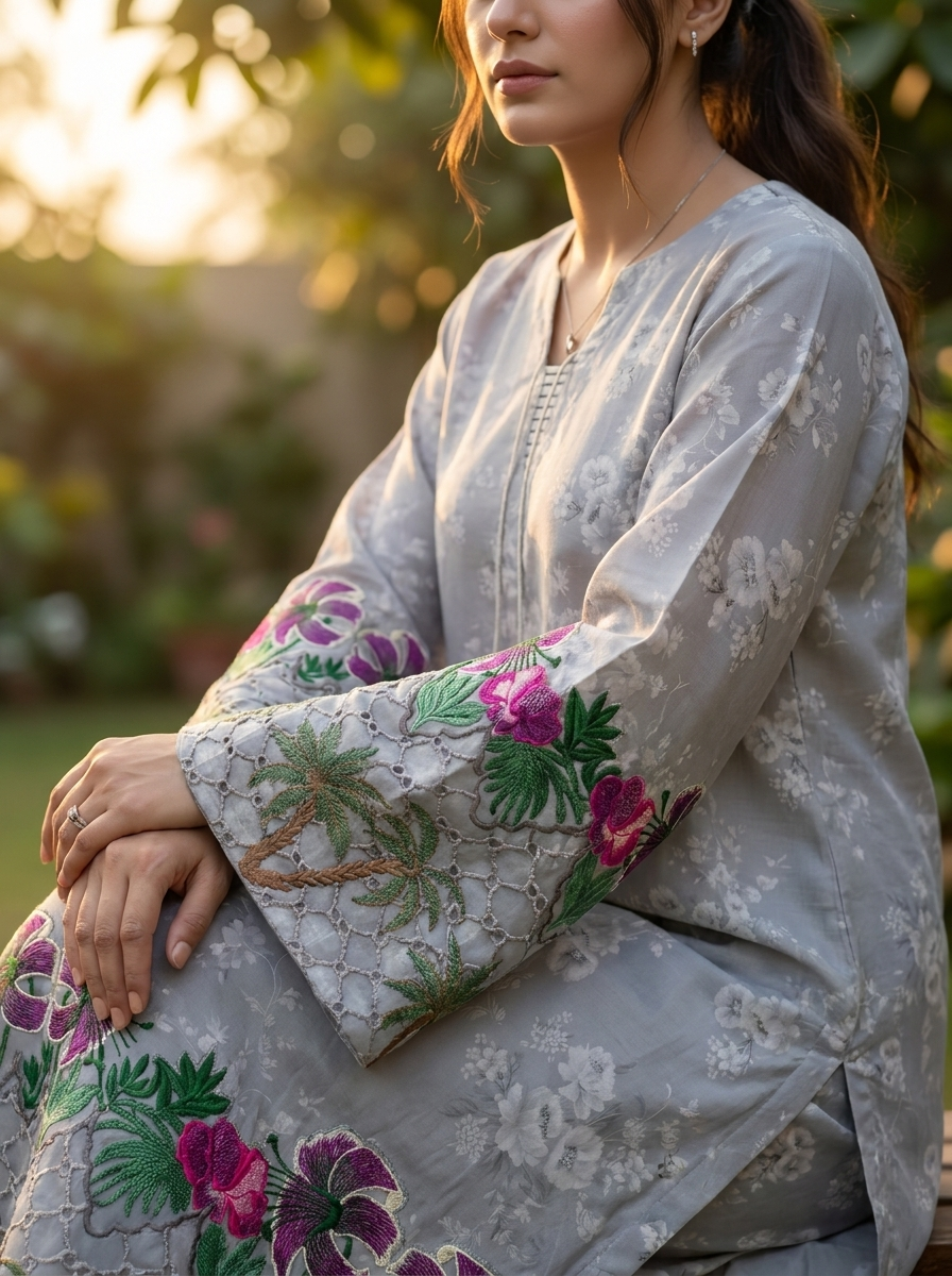 Grey Digital Printed Premium Lawn Kaftan Shirt with Embroidered Details