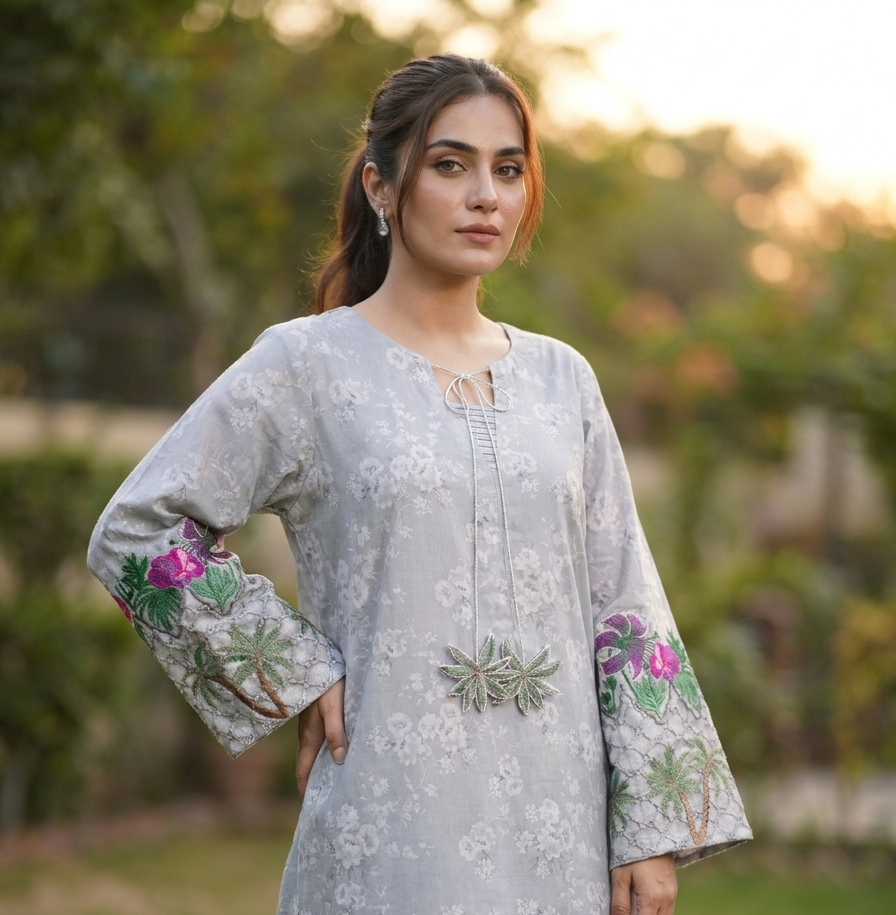 Grey Digital Printed Premium Lawn Kaftan Shirt with Embroidered Details